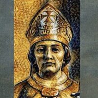 A historical illustration of a person wearing ornate religious robes and a decorated bishops miter, with a stern expression, against a textured background.